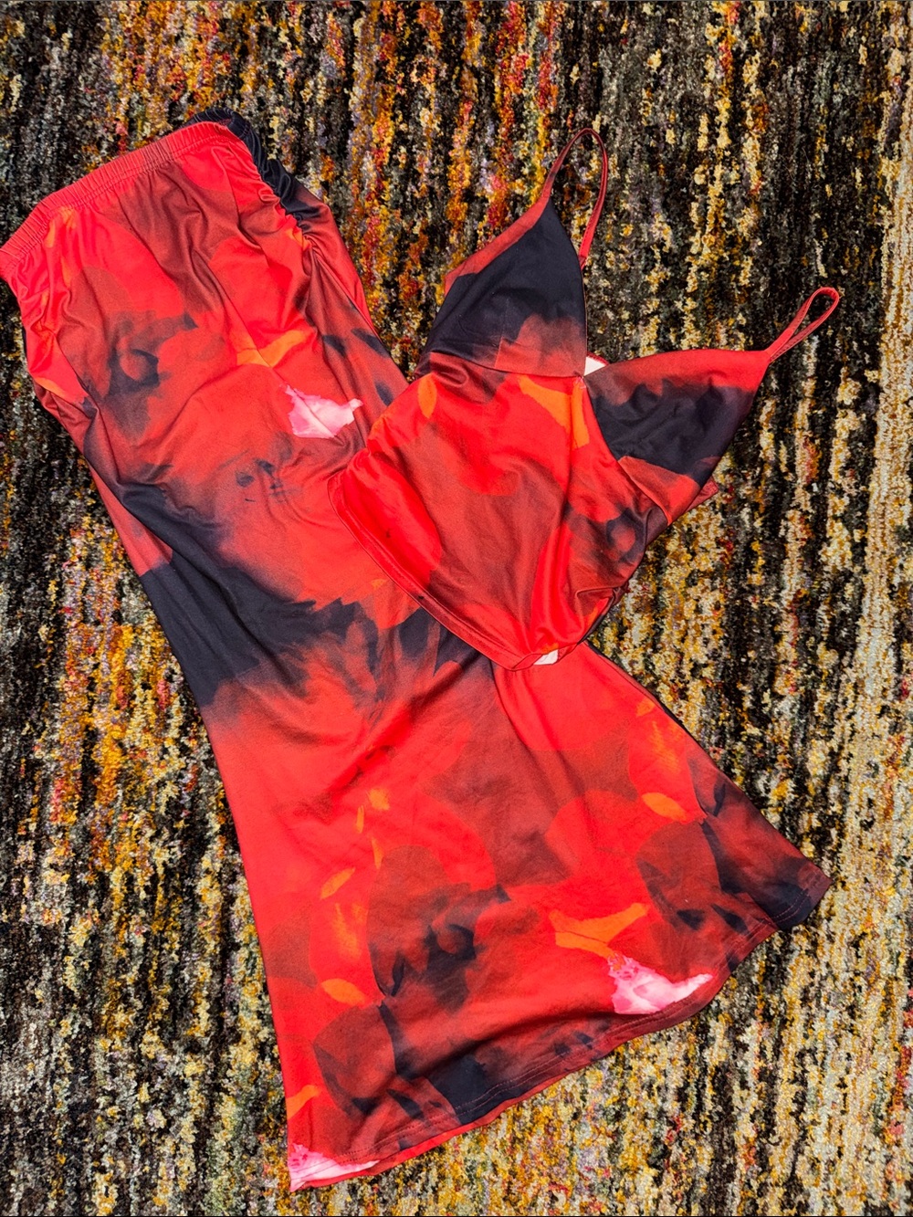SHEIN Red & Black Satin Floral-Effect Maxi Skirt Cami Set S